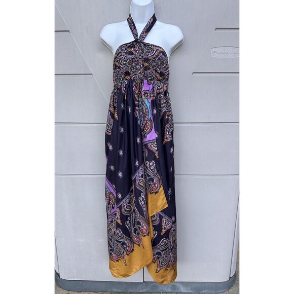Express Y2K Silk Paisley Halter Neck Handkerchief Maxi Dress Sz 2 Boho Resort - Picture 7 of 16